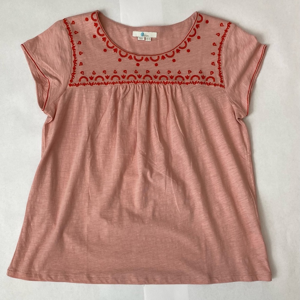 Boden Pink Short Sleeve Embroidered Yoke Tee - Picture 2 of 8